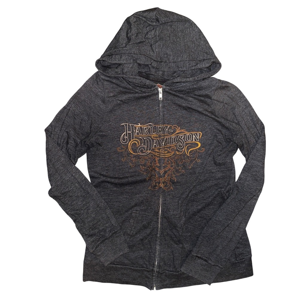 Harley-Davidson Fargo ND Womens Gray Zip Up Hoodie Graphic Sweatshirt Large
